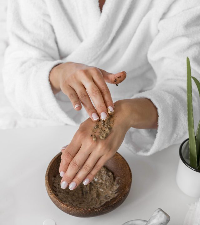 close up woman trying hands remedy